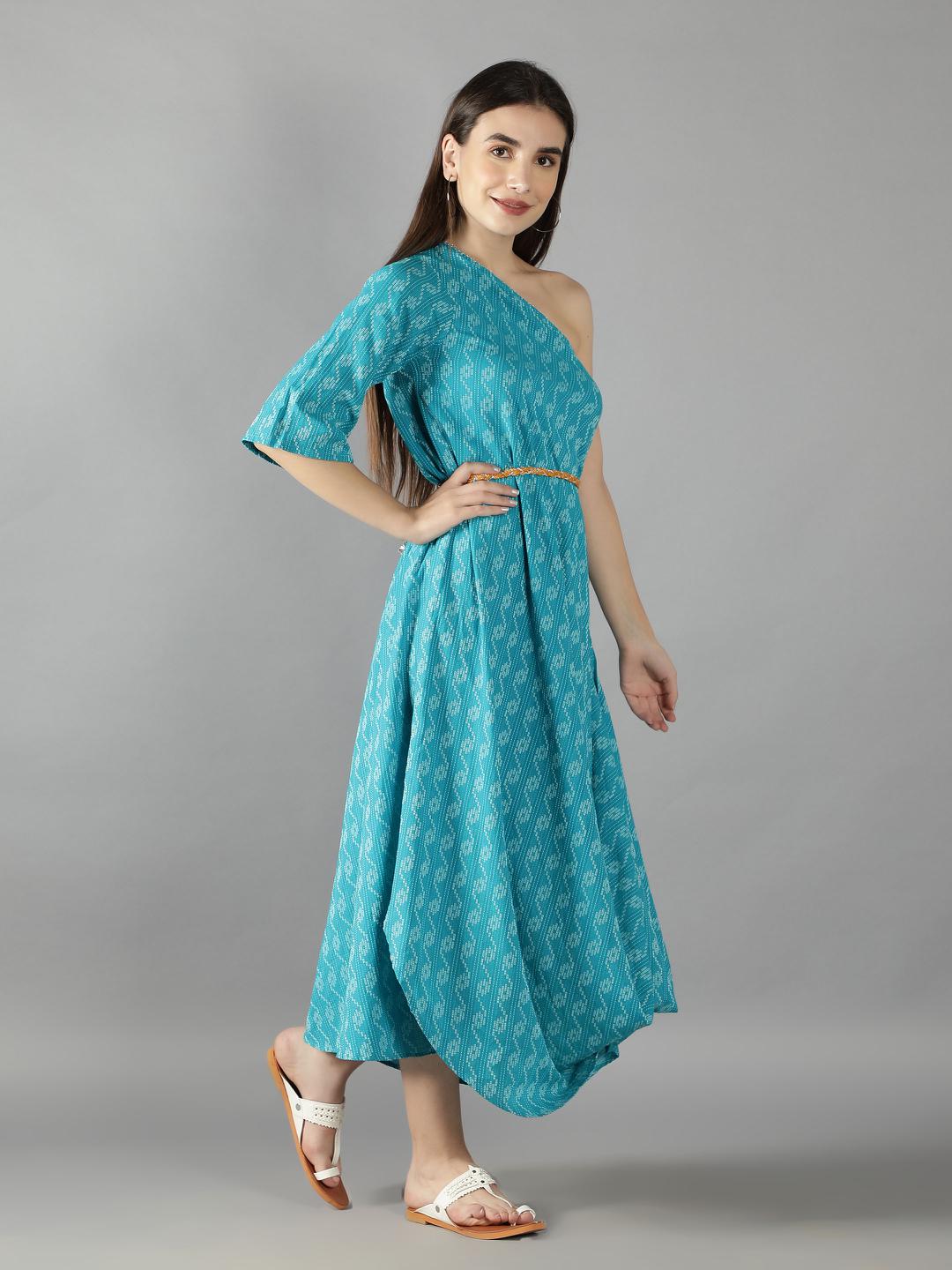 scuba-blue-one-shoulder-cowl-caftan-paired-with-a-signal-yellow-braided-belt-11721114BL, Women Clothing, Cotton Caftan