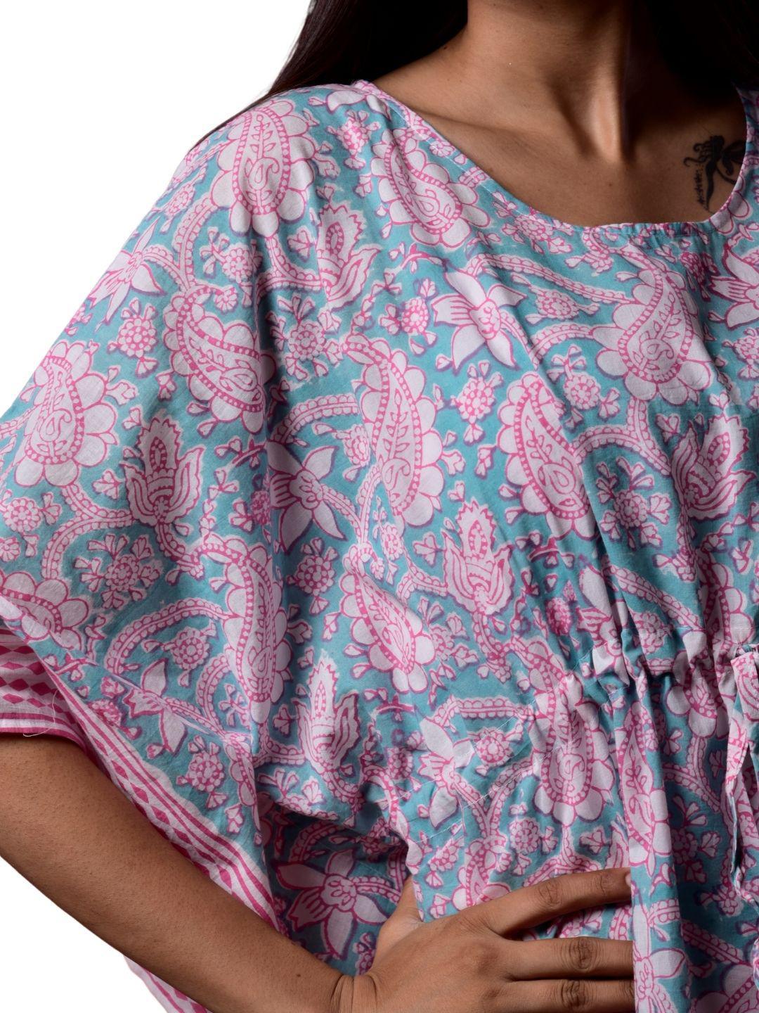 sea-green-hand-block-long-caftan-10921036GR, Women Clothing, Cotton Caftan, Cotton Sea Green Hand Block Print Long Caftan