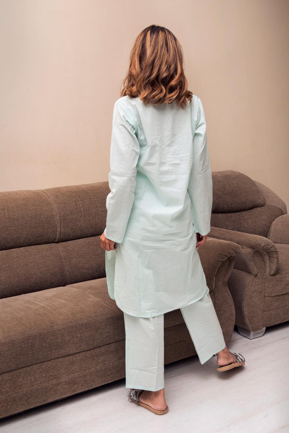 snow-blue-cotton-kurta-pant-set-11436064BL, Women Clothing, Cotton Sleep Set