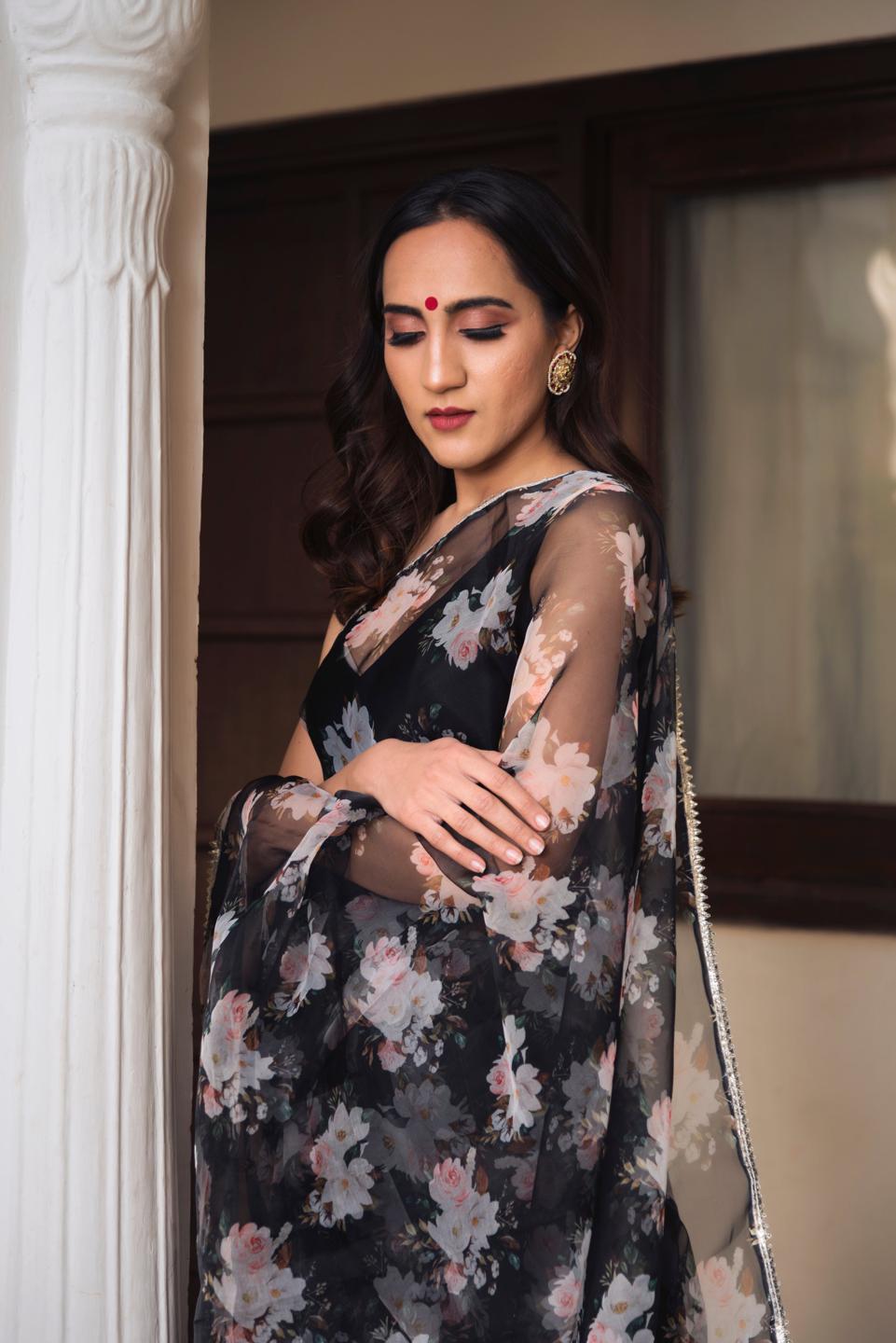 snowdrop-black-printed-organza-saree-11422059BK, Women Indian Ethnic Clothing, Organza Saree