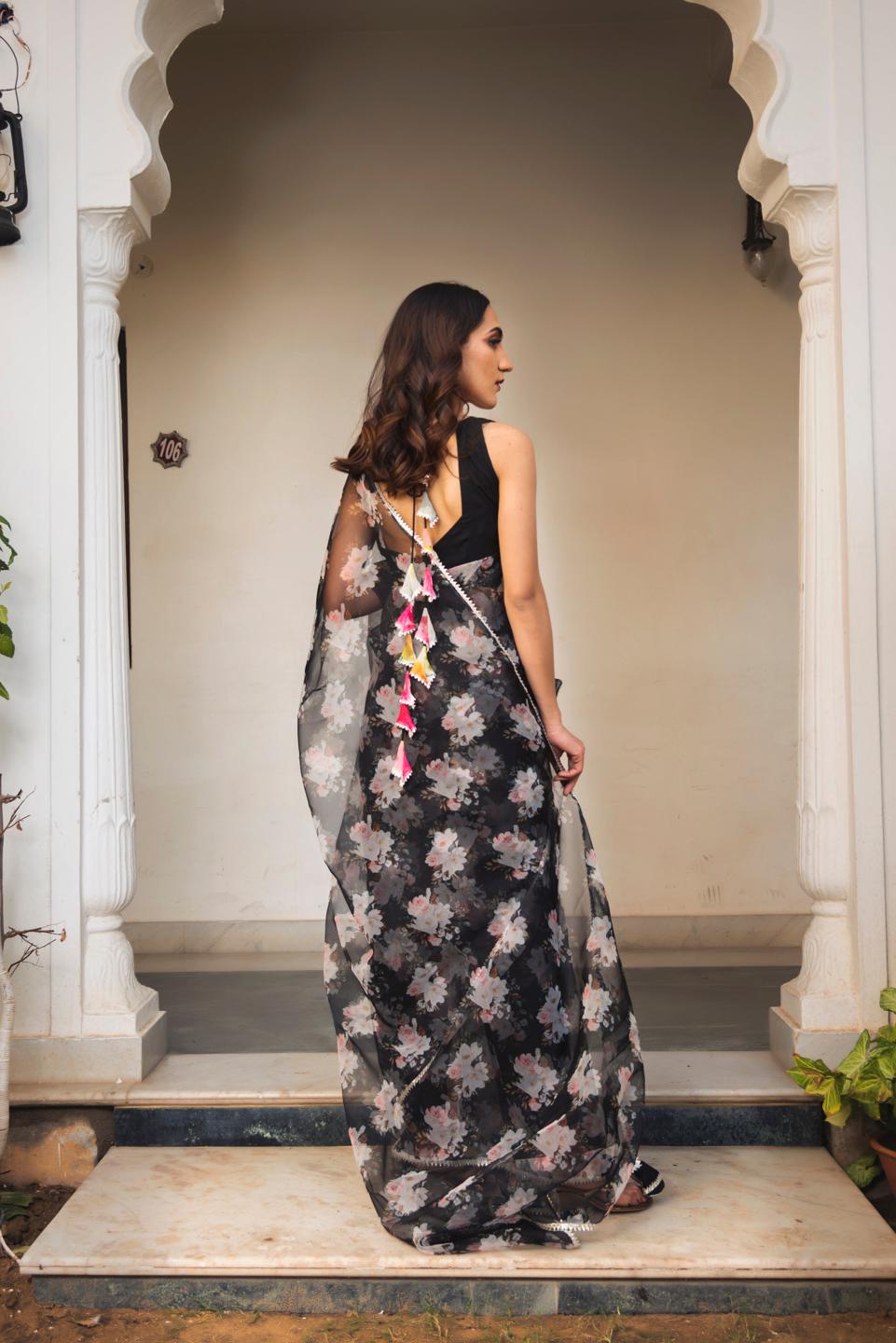 snowdrop-black-printed-organza-saree-11422059BK, Women Indian Ethnic Clothing, Organza Saree