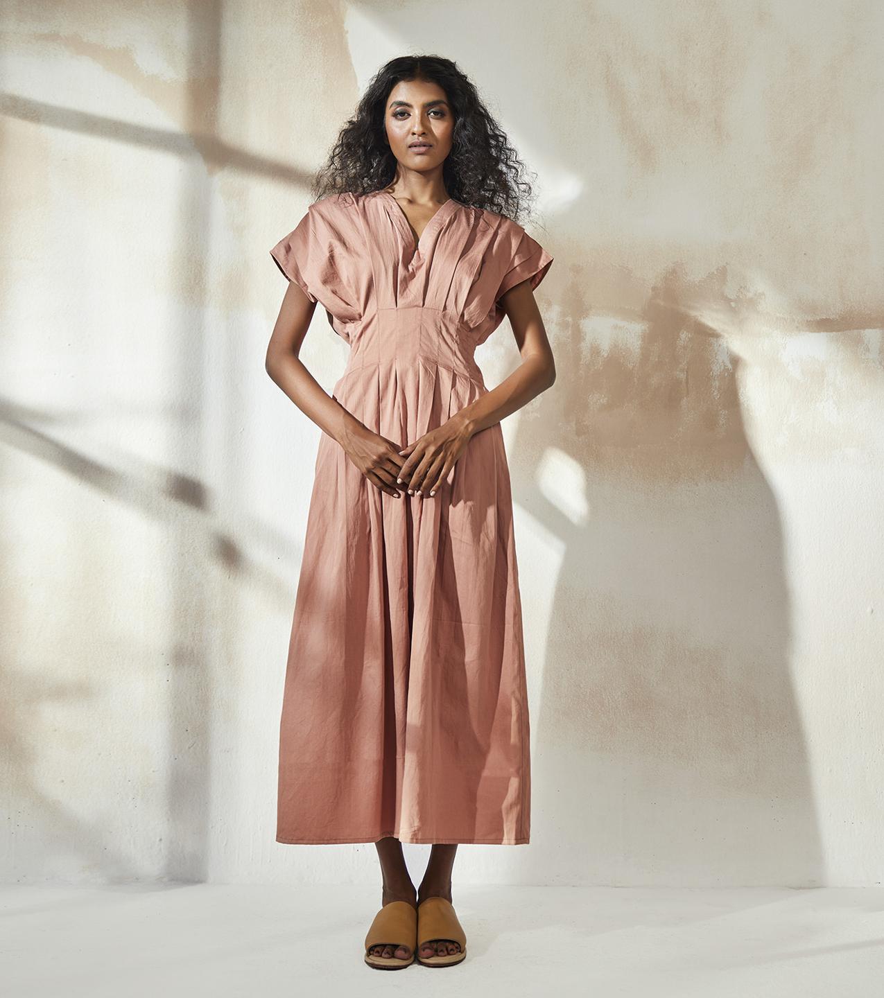 solid-blush-pink-waist-fitted-cotton-dress-11904089PK, Women Clothing, Cotton Dress