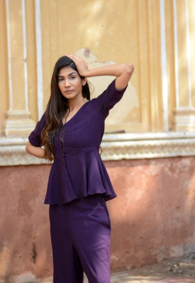 solid-eggplant-co-ord-set-11640018PR, Women Clothing, Georgette Matching Set