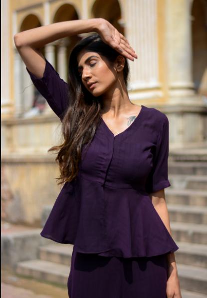 solid-eggplant-co-ord-set-11640018PR, Women Clothing, Georgette Matching Set