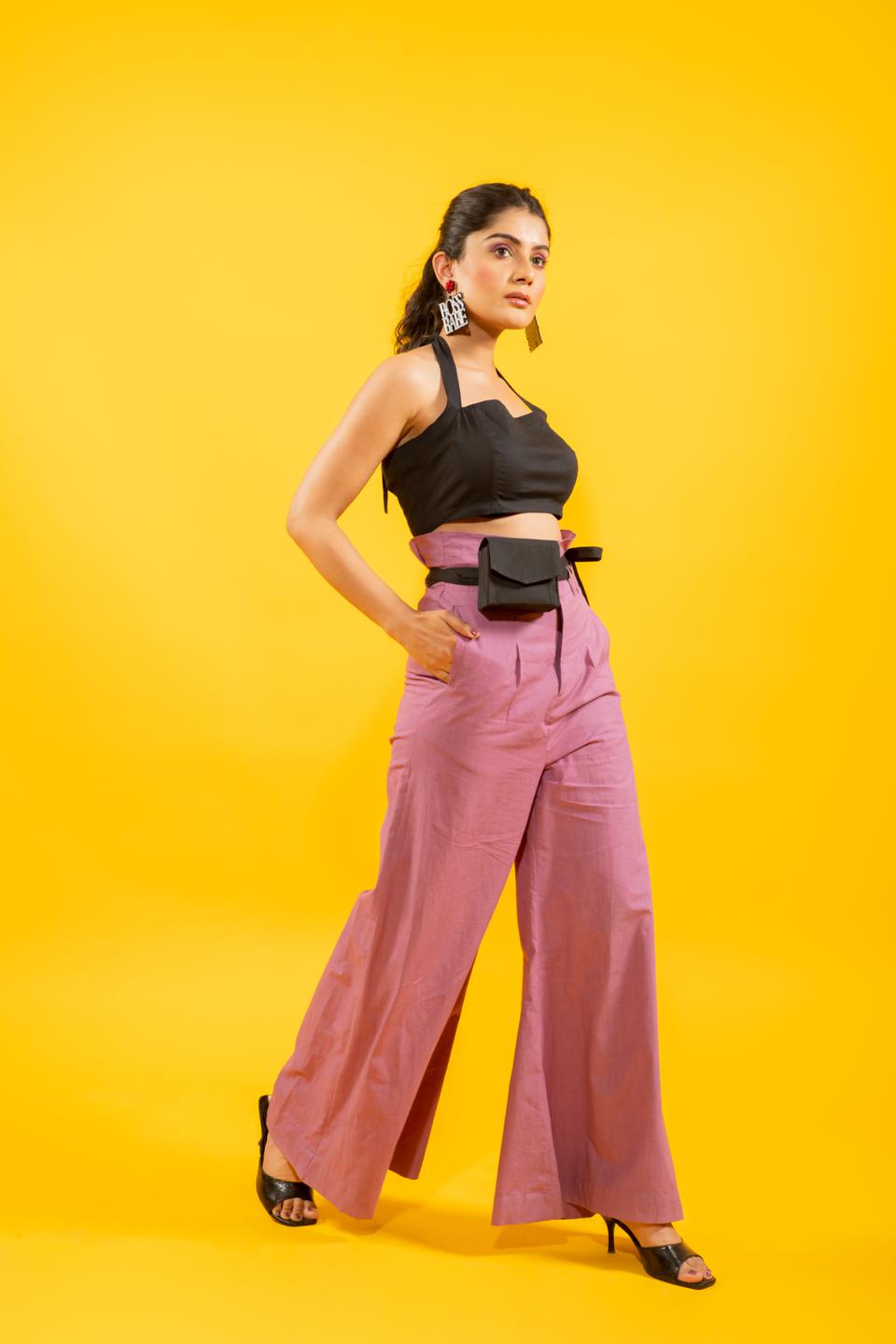 statement-black-halter-top-with-high-waisted-mauve-flared-pants-11740099BK, Women Clothing, Cotton Matching Set