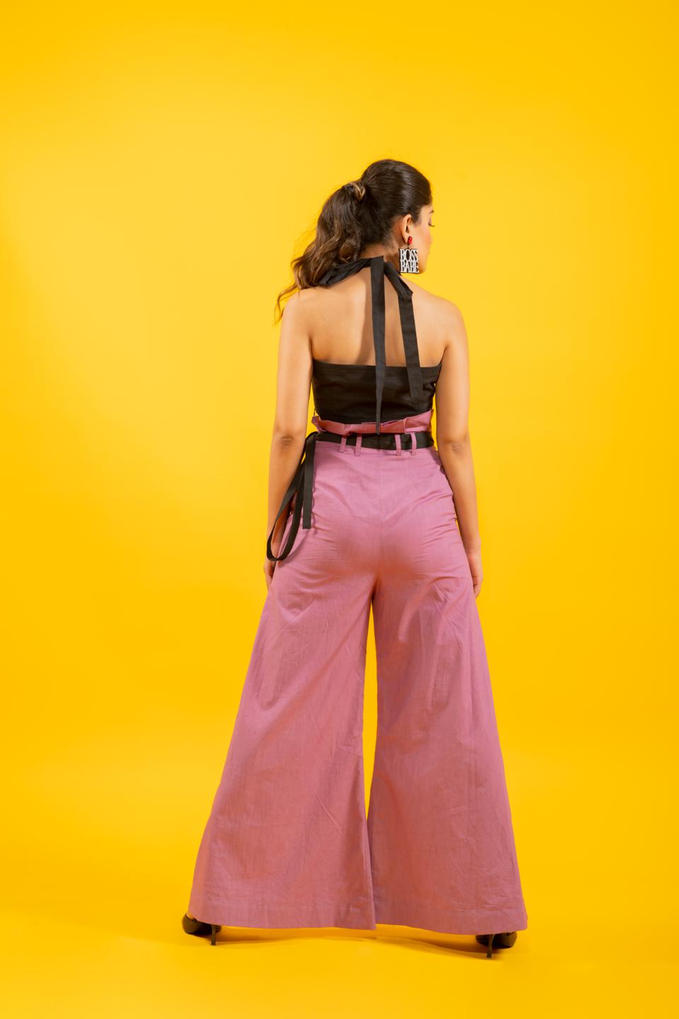 statement-black-halter-top-with-high-waisted-mauve-flared-pants-11740099BK, Women Clothing, Cotton Matching Set