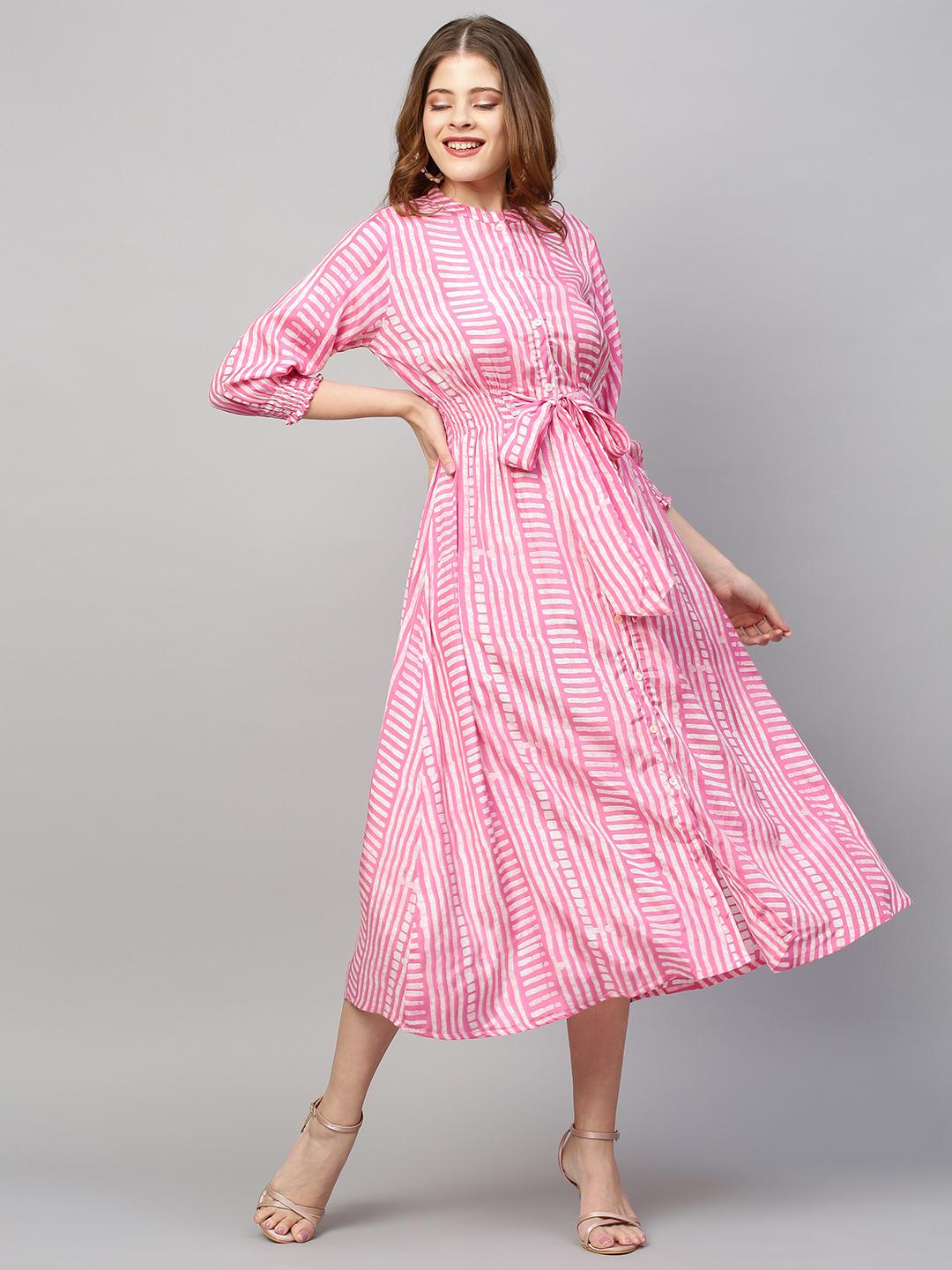 stripes-printed-flared-midi-dress-10304012PK, Women Clothing, Muslin Silk Dress