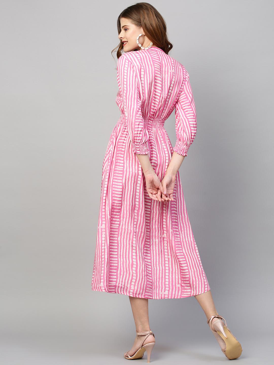 stripes-printed-flared-midi-dress-10304012PK, Women Clothing, Muslin Silk Dress