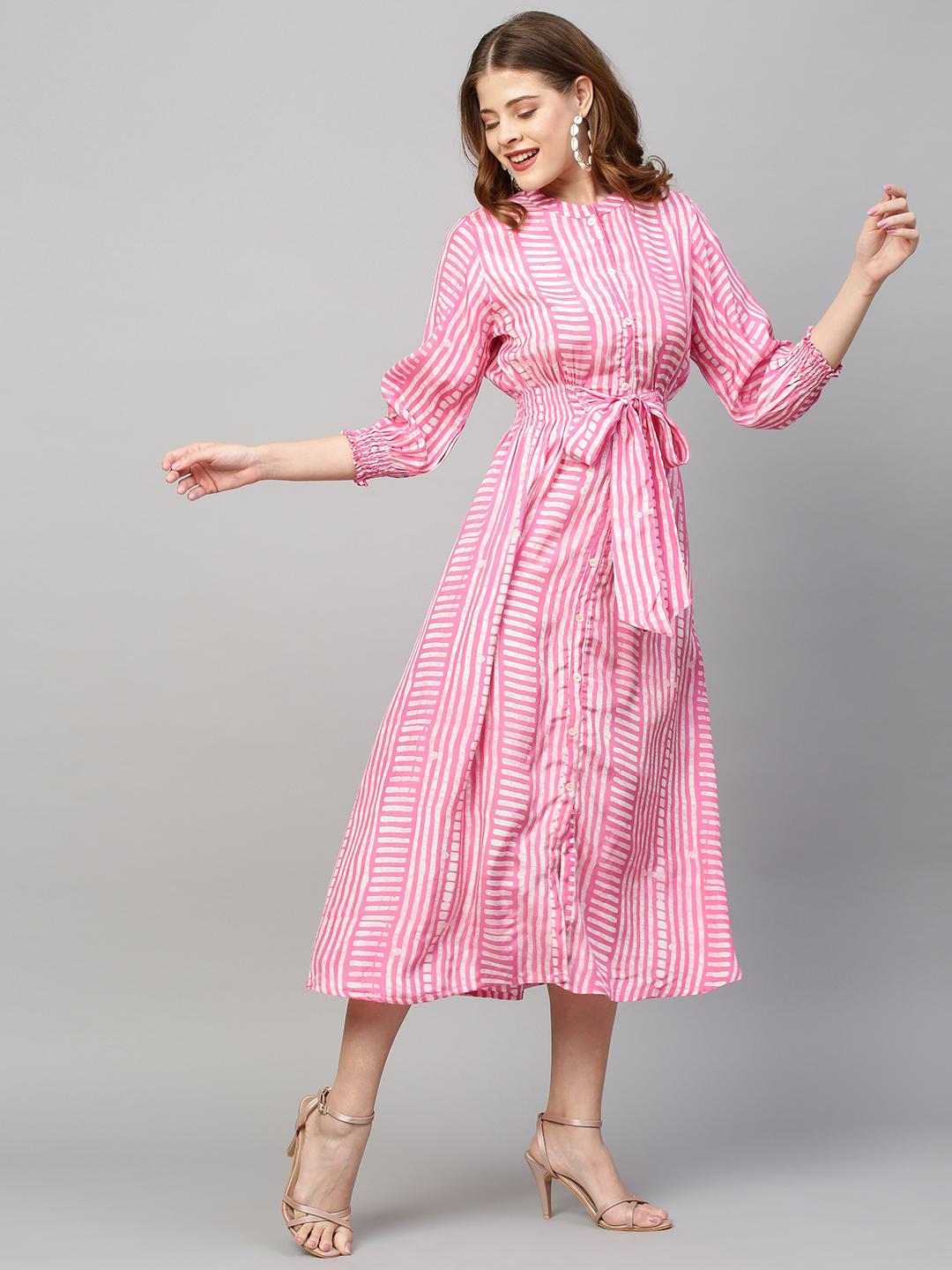 stripes-printed-flared-midi-dress-10304012PK, Women Clothing, Muslin Silk Dress