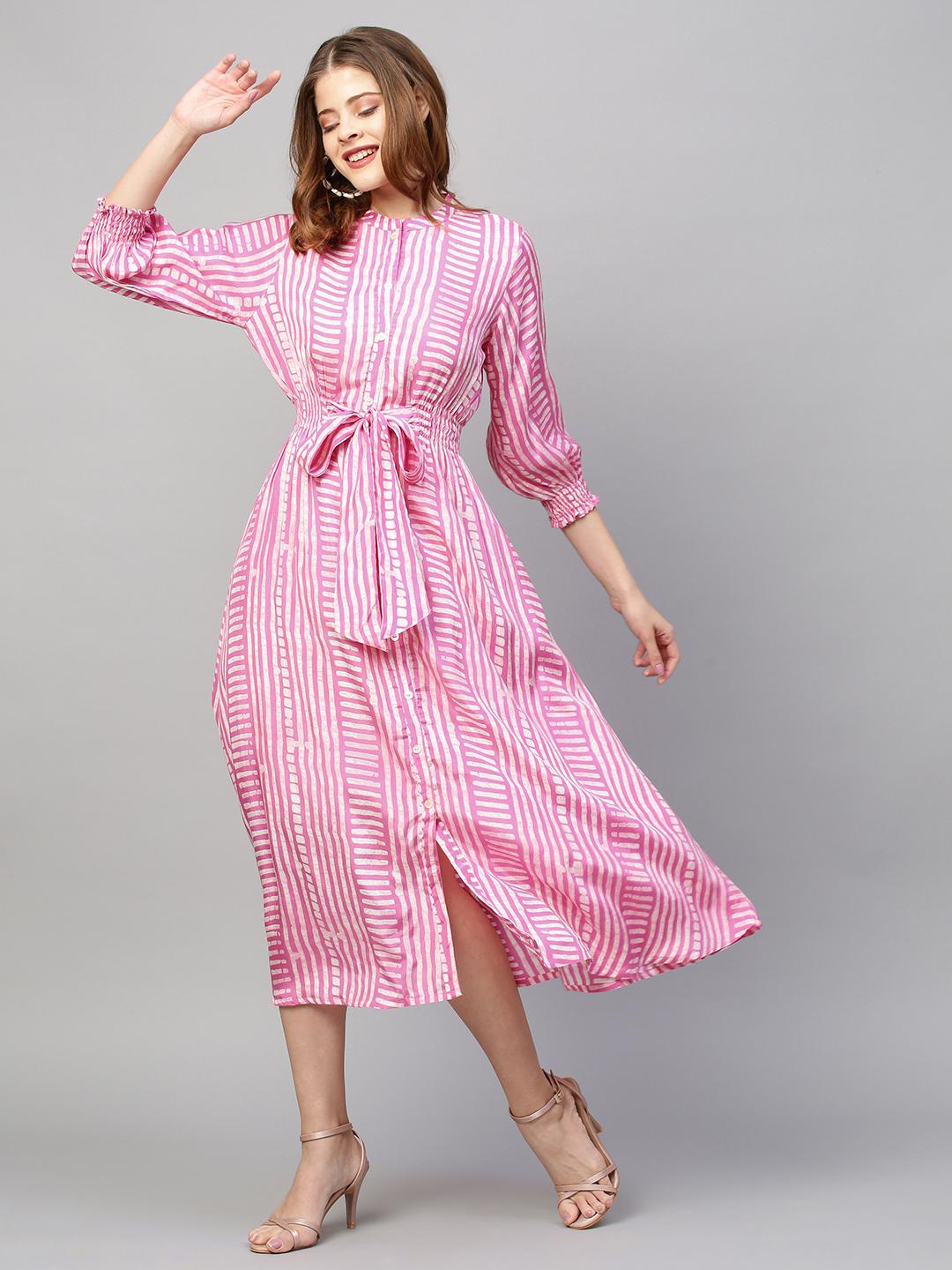 stripes-printed-flared-midi-dress-10304012PK, Women Clothing, Muslin Silk Dress