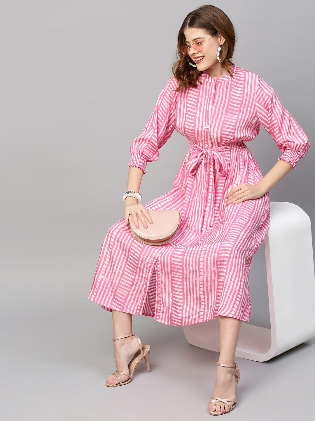 stripes-printed-flared-midi-dress-10304012PK, Women Clothing, Muslin Silk Dress