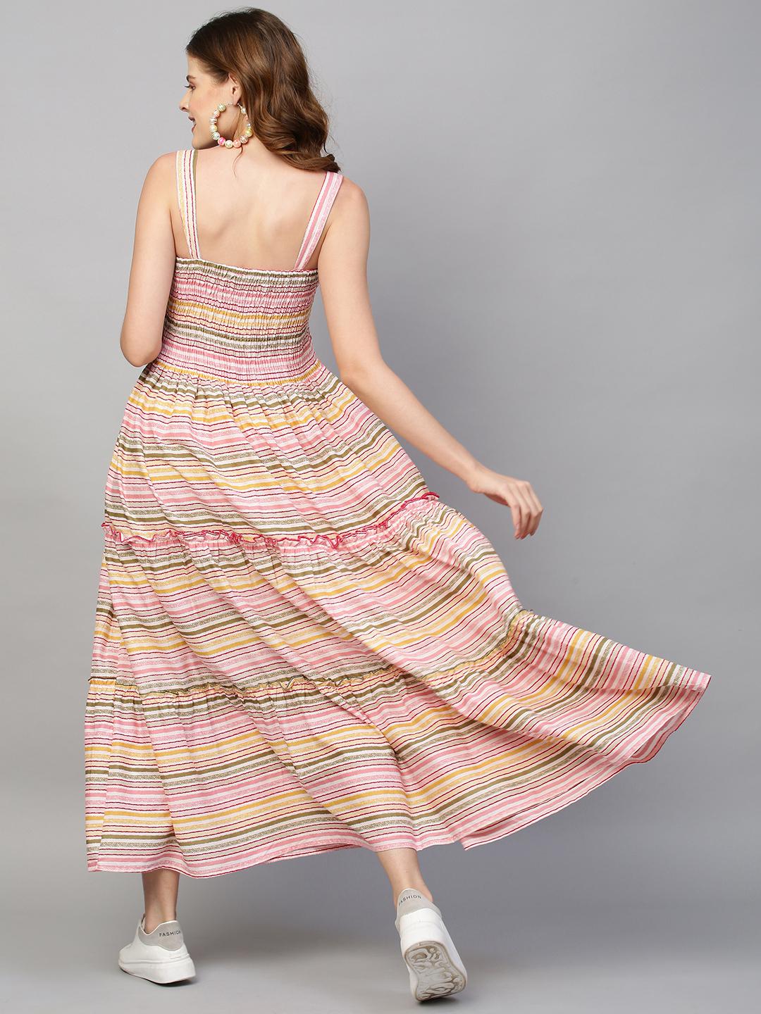 stripes-printed-smocked-tiered-flared-maxi-dress-10304009ML, Women Clothing, Cotton Dress
