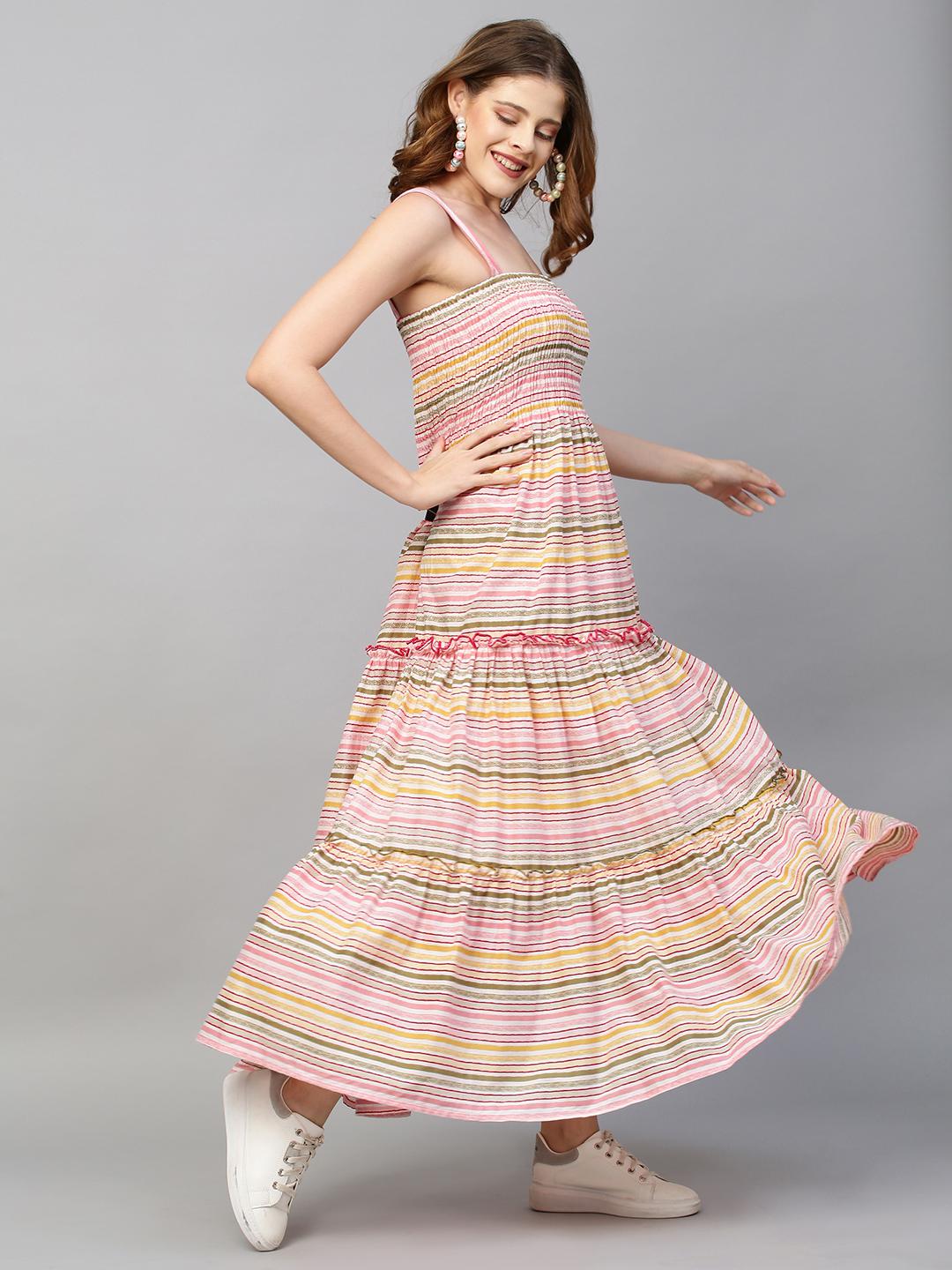 stripes-printed-smocked-tiered-flared-maxi-dress-10304009ML, Women Clothing, Cotton Dress
