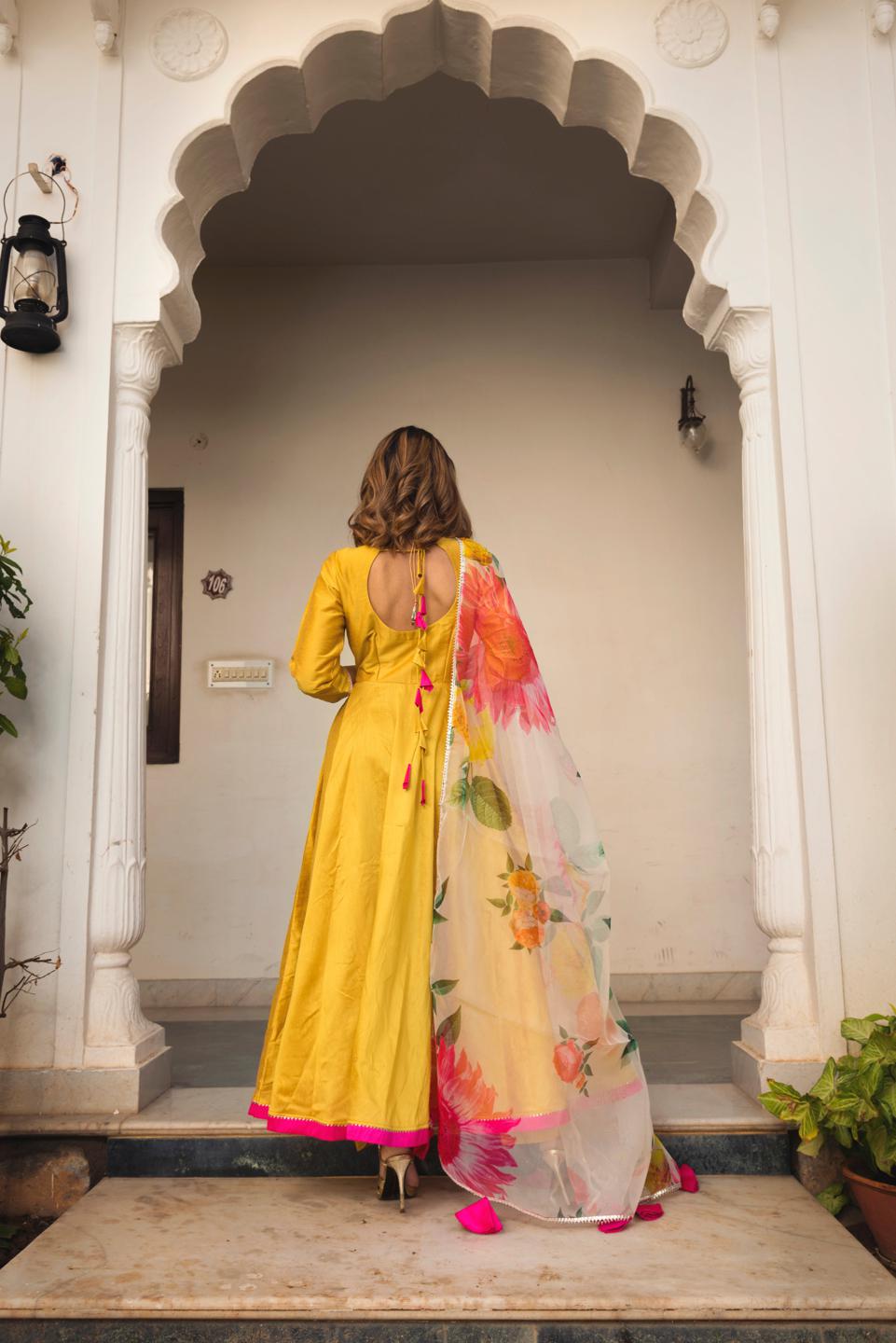 sunflower-cotton-silk-yellow-anarkali-11403058YL, Women Indian Ethnic Clothing, Cotton Silk Kurta Set Dupatta