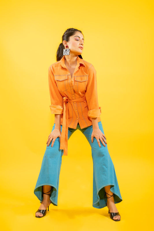 sunrise-orange-shirt-jacket-with-high-low-denim-pants-set-11740096OR, Women Clothing, Cotton Matching Set