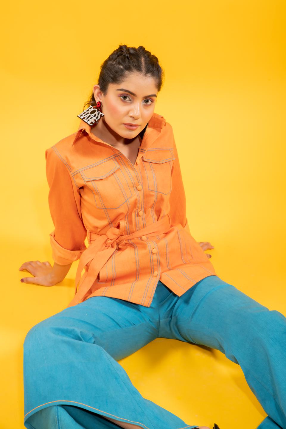 sunrise-orange-shirt-jacket-with-high-low-denim-pants-set-11740096OR, Women Clothing, Cotton Matching Set