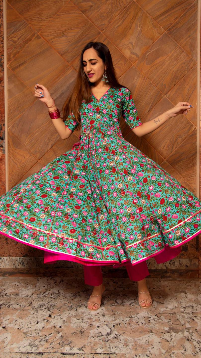 surangi-kalidar-cotton-anarkali-set-11403083GR, Women Indian Ethnic Clothing, Cotton Kurta Set Dupatta