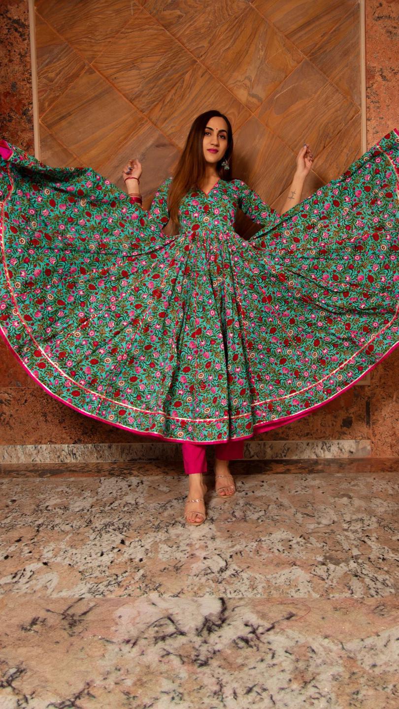 surangi-kalidar-cotton-anarkali-set-11403083GR, Women Indian Ethnic Clothing, Cotton Kurta Set Dupatta