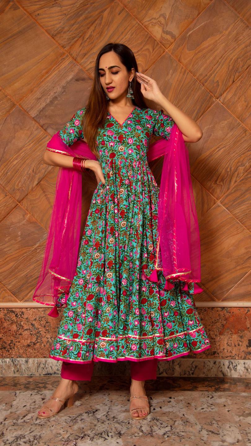 surangi-kalidar-cotton-anarkali-set-11403083GR, Women Indian Ethnic Clothing, Cotton Kurta Set Dupatta