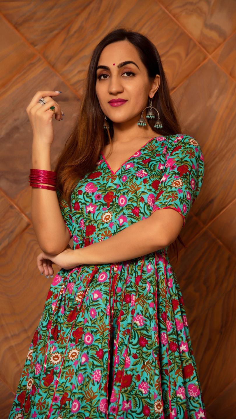 surangi-kalidar-cotton-anarkali-set-11403083GR, Women Indian Ethnic Clothing, Cotton Kurta Set Dupatta