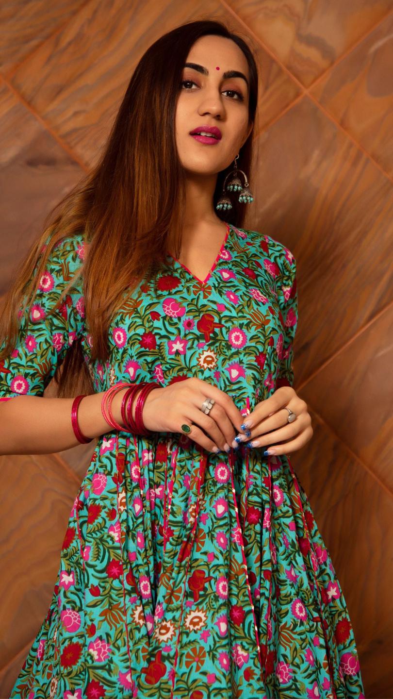 surangi-kalidar-cotton-anarkali-set-11403083GR, Women Indian Ethnic Clothing, Cotton Kurta Set Dupatta