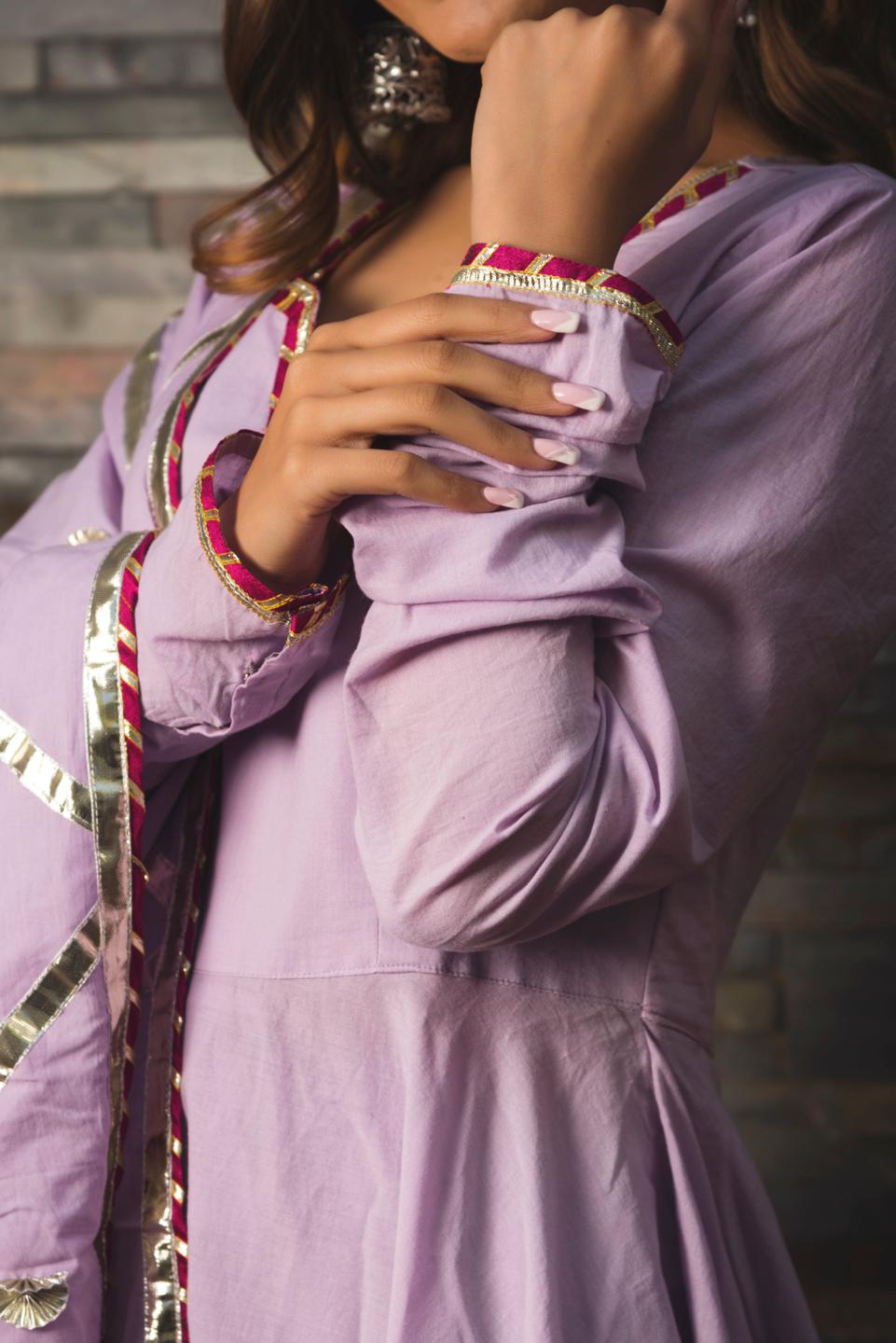 sweet-pea-lavender-pure-cotton-anarkali-set-11403057PR, Women Indian Ethnic Clothing, Cotton Silk Kurta Set Dupatta