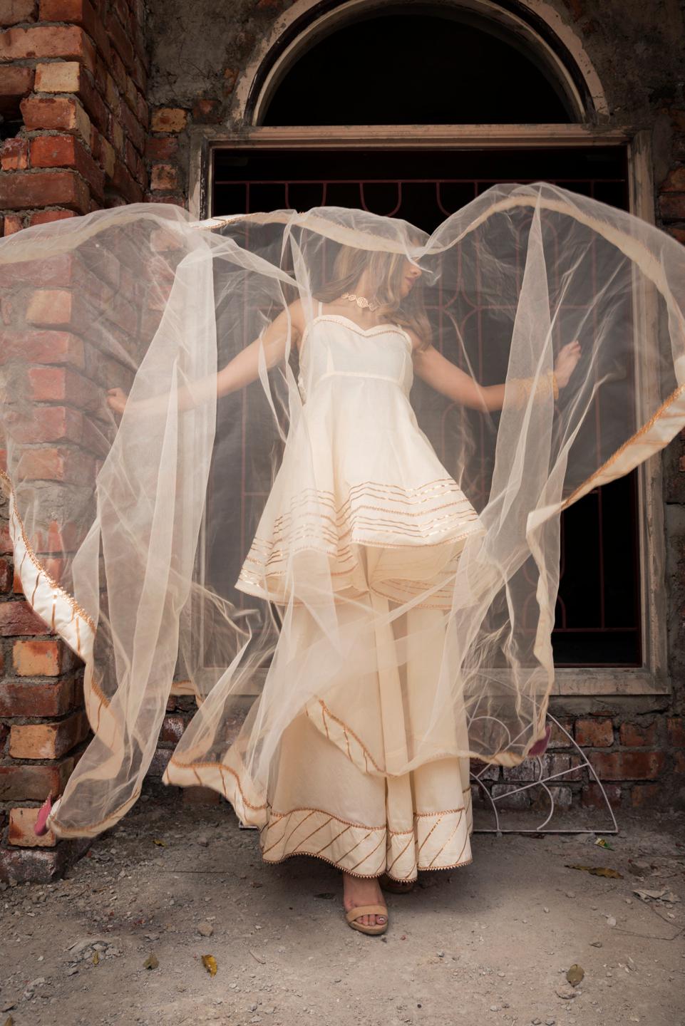 taaj-off-white-short-a-line-kurta-palazzo-set-11403065WH, Women Indian Ethnic Clothing, Cotton Silk Kurta Set Dupatta