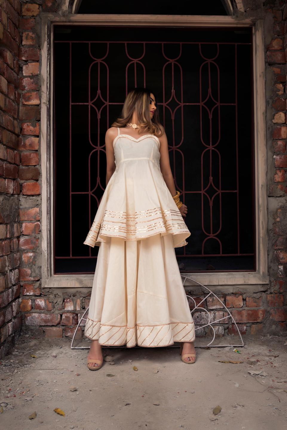 taaj-off-white-short-a-line-kurta-palazzo-set-11403065WH, Women Indian Ethnic Clothing, Cotton Silk Kurta Set Dupatta