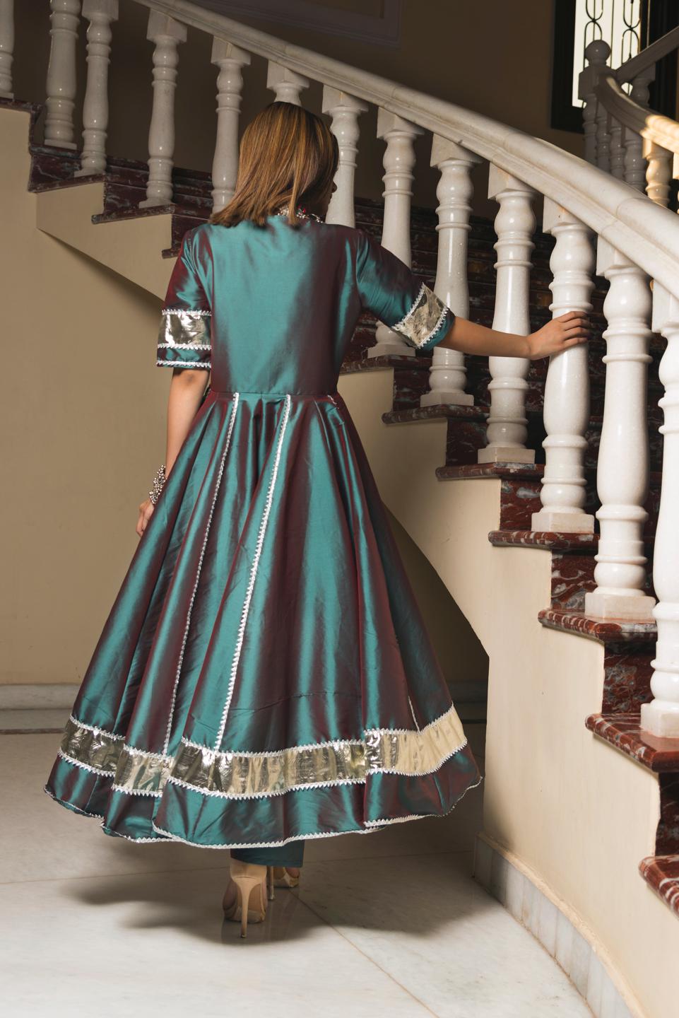 taffeta-silk-green-anarkali-11403050GR, Women Indian Ethnic Clothing, Cotton Silk Kurta Set Dupatta