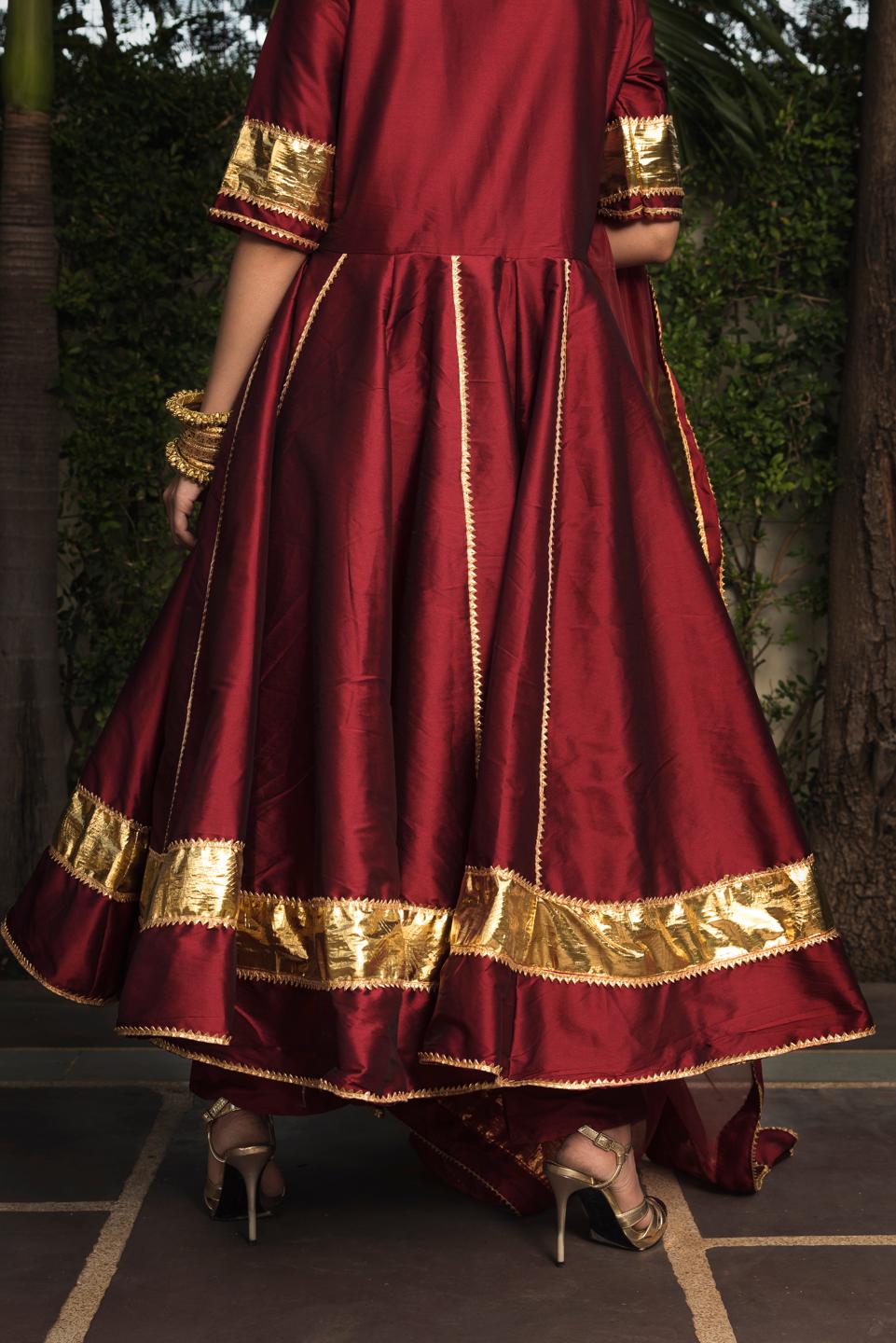 taffeta-silk-maroon-anarkali-11403049MR, Women Indian Ethnic Clothing, Silk Kurta Set Dupatta