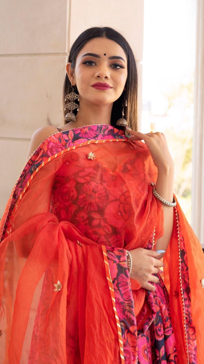 tara-orange-printed-anarkali-set-11403073OR, Women Indian Ethnic Clothing, Chiffon Kurta Set Dupatta