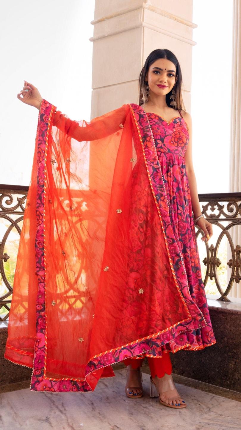 tara-orange-printed-anarkali-set-11403073OR, Women Indian Ethnic Clothing, Chiffon Kurta Set Dupatta