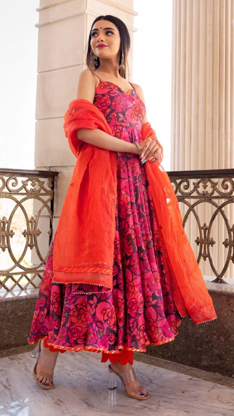 tara-orange-printed-anarkali-set-11403073OR, Women Indian Ethnic Clothing, Chiffon Kurta Set Dupatta