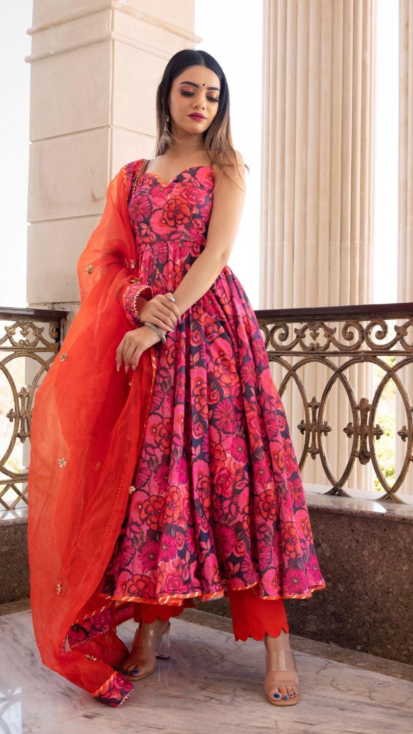 tara-orange-printed-anarkali-set-11403073OR, Women Indian Ethnic Clothing, Chiffon Kurta Set Dupatta