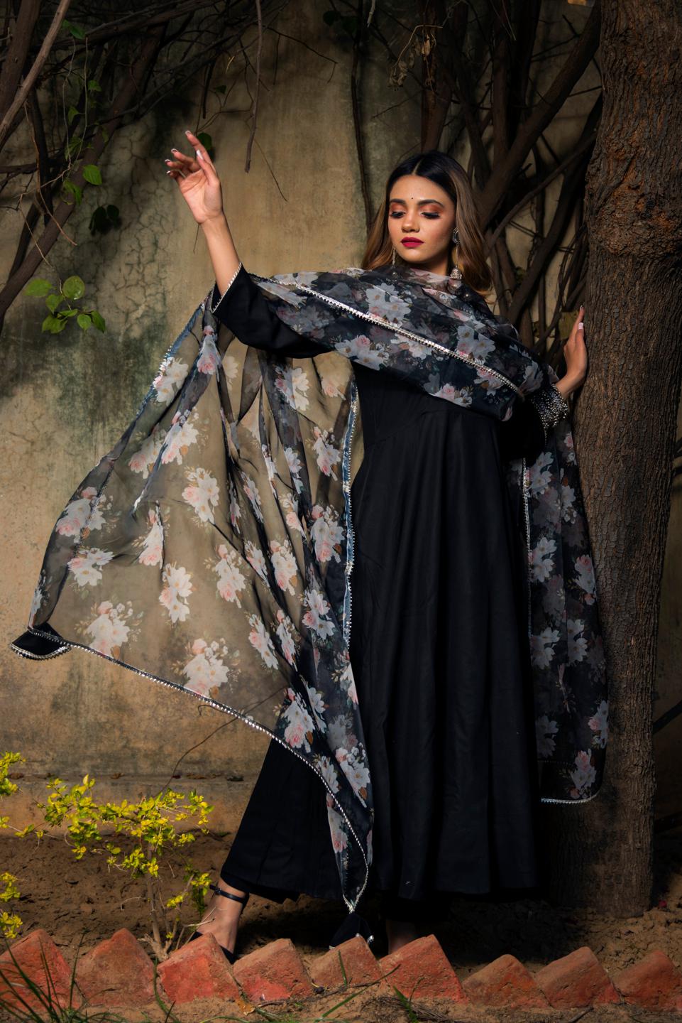 tea-leaf-black-rayon-anarkali-11403060BK, Women Indian Ethnic Clothing, Rayon Kurta Set Dupatta