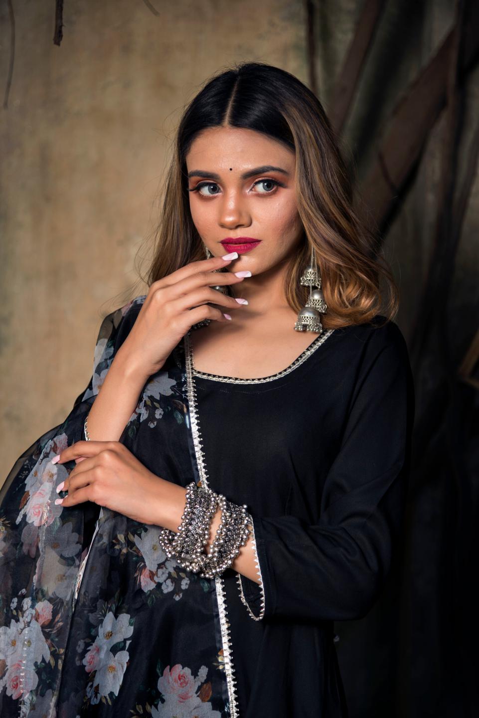 tea-leaf-black-rayon-anarkali-11403060BK, Women Indian Ethnic Clothing, Rayon Kurta Set Dupatta