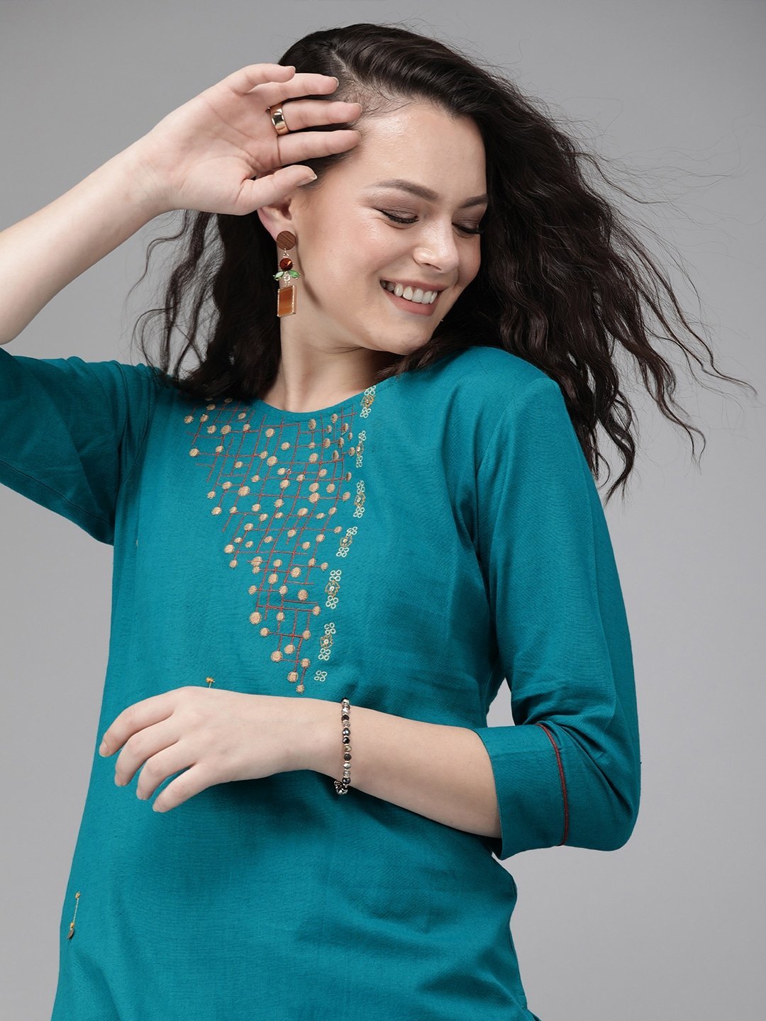 teal-blue-embroidered-straight-kurta-10101010BL, Women Indian Ethnic Clothing, Cotton Kurta