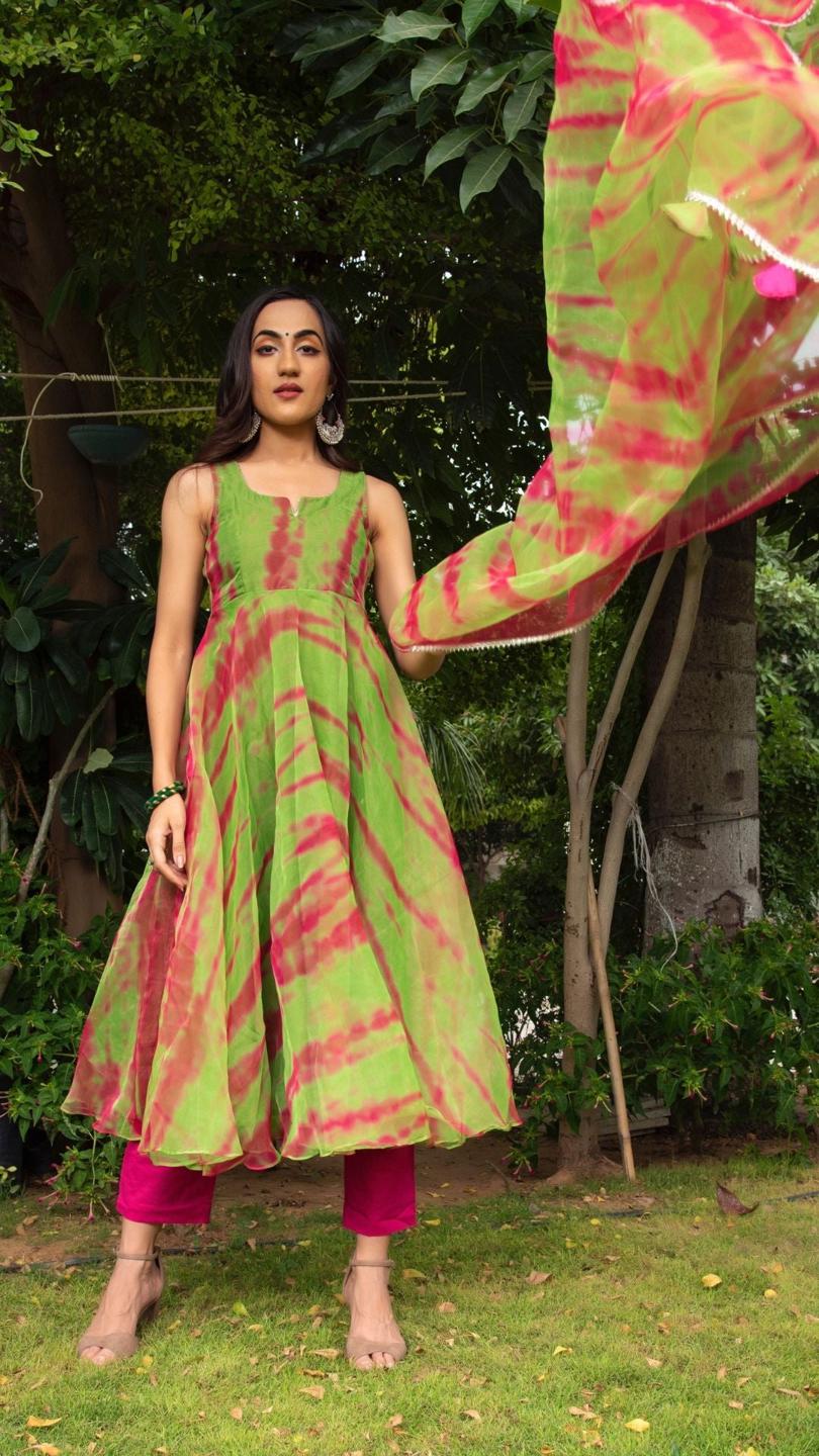 tie-and-dye-green-organza-anrkali-set-11403071GR, Women Indian Ethnic Clothing, Cotton Kurta Set Dupatta
