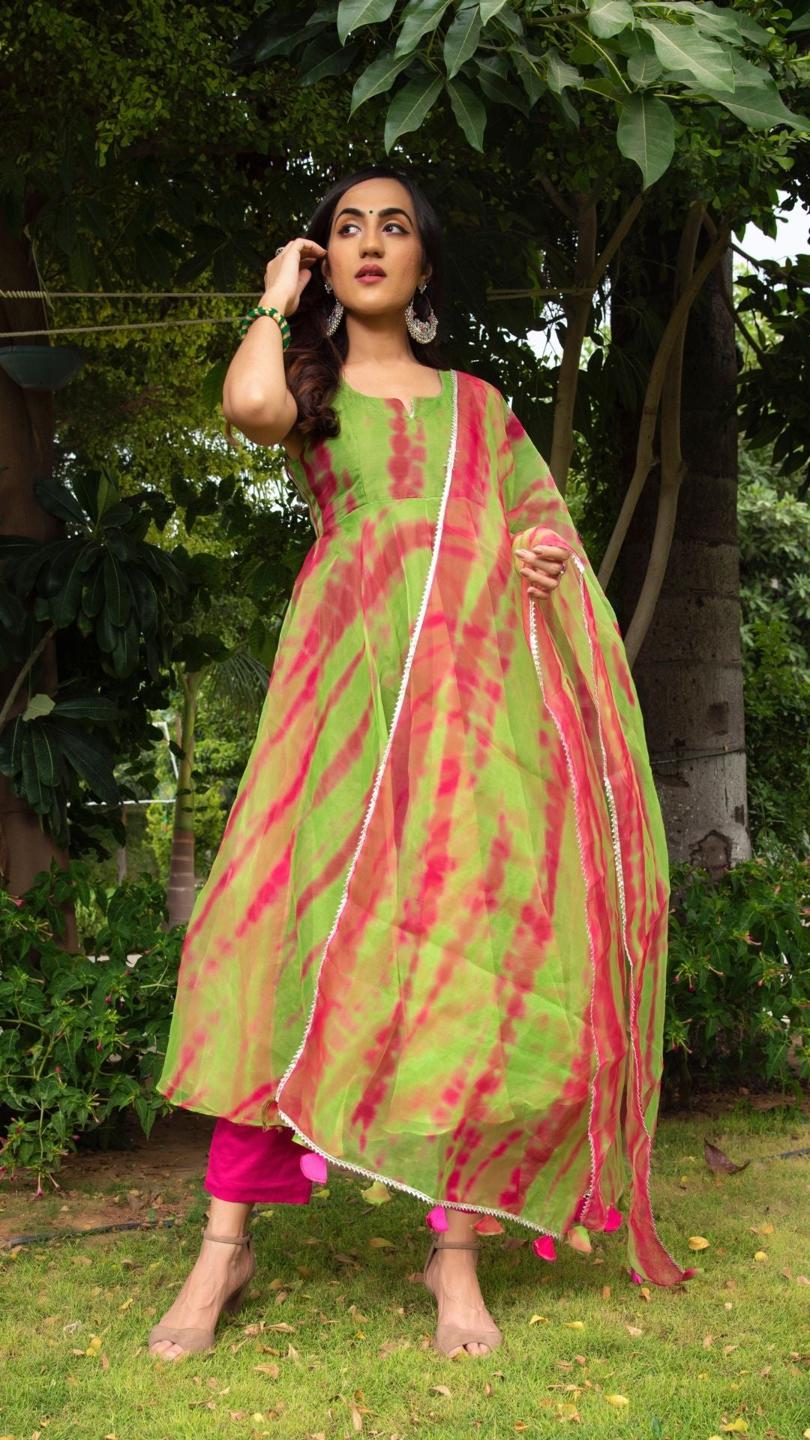 tie-and-dye-green-organza-anrkali-set-11403071GR, Women Indian Ethnic Clothing, Cotton Kurta Set Dupatta