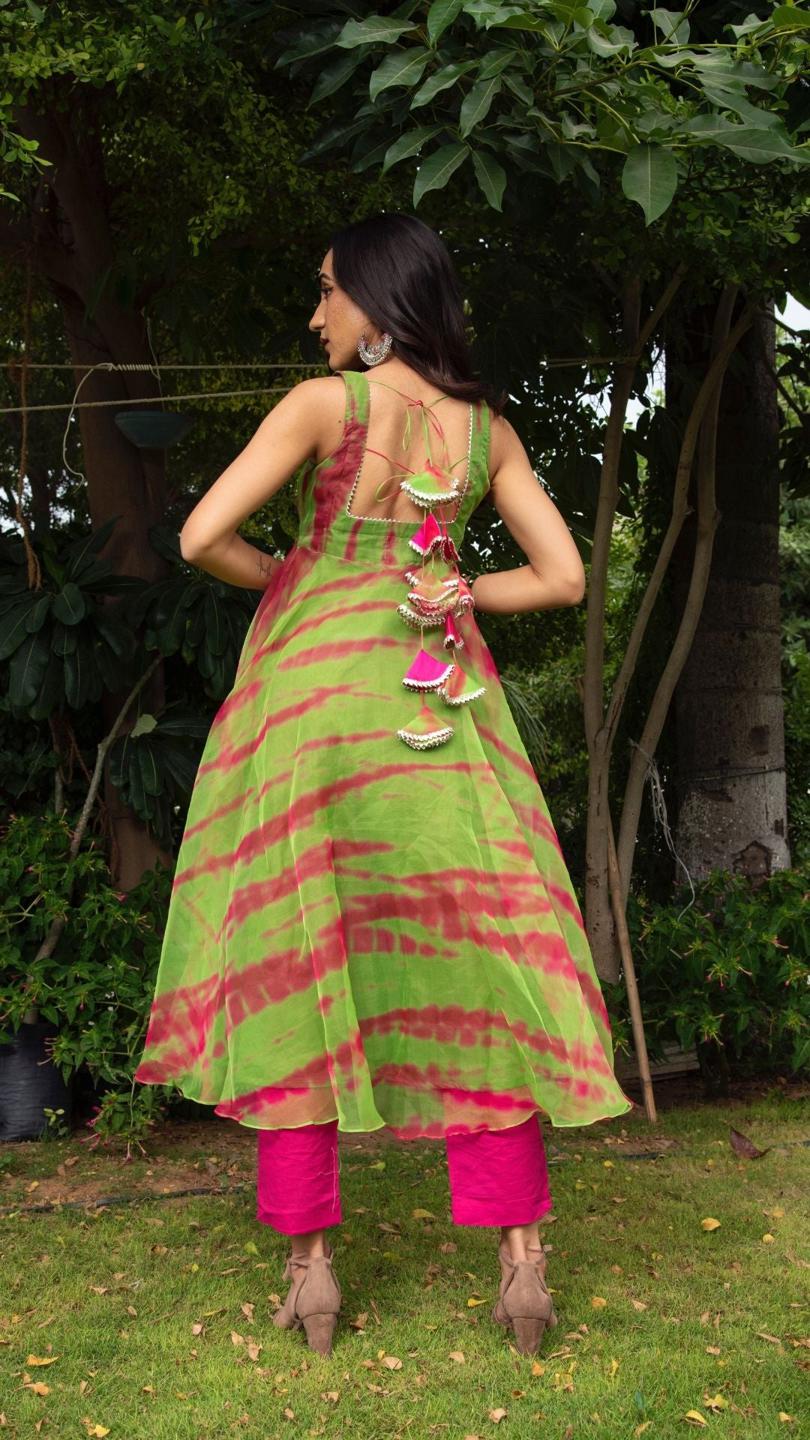 tie-and-dye-green-organza-anrkali-set-11403071GR, Women Indian Ethnic Clothing, Cotton Kurta Set Dupatta