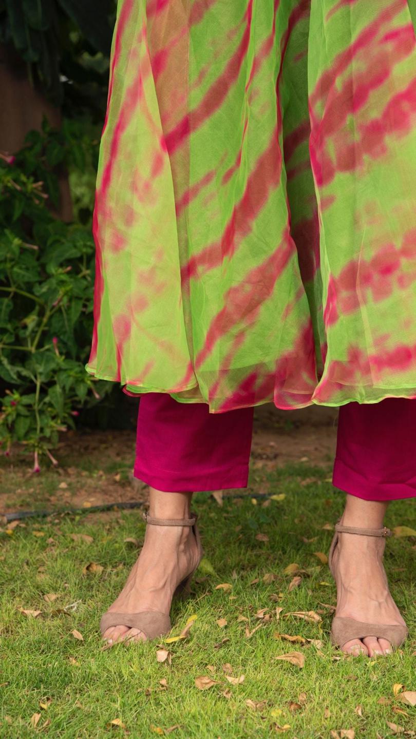 tie-and-dye-green-organza-anrkali-set-11403071GR, Women Indian Ethnic Clothing, Cotton Kurta Set Dupatta