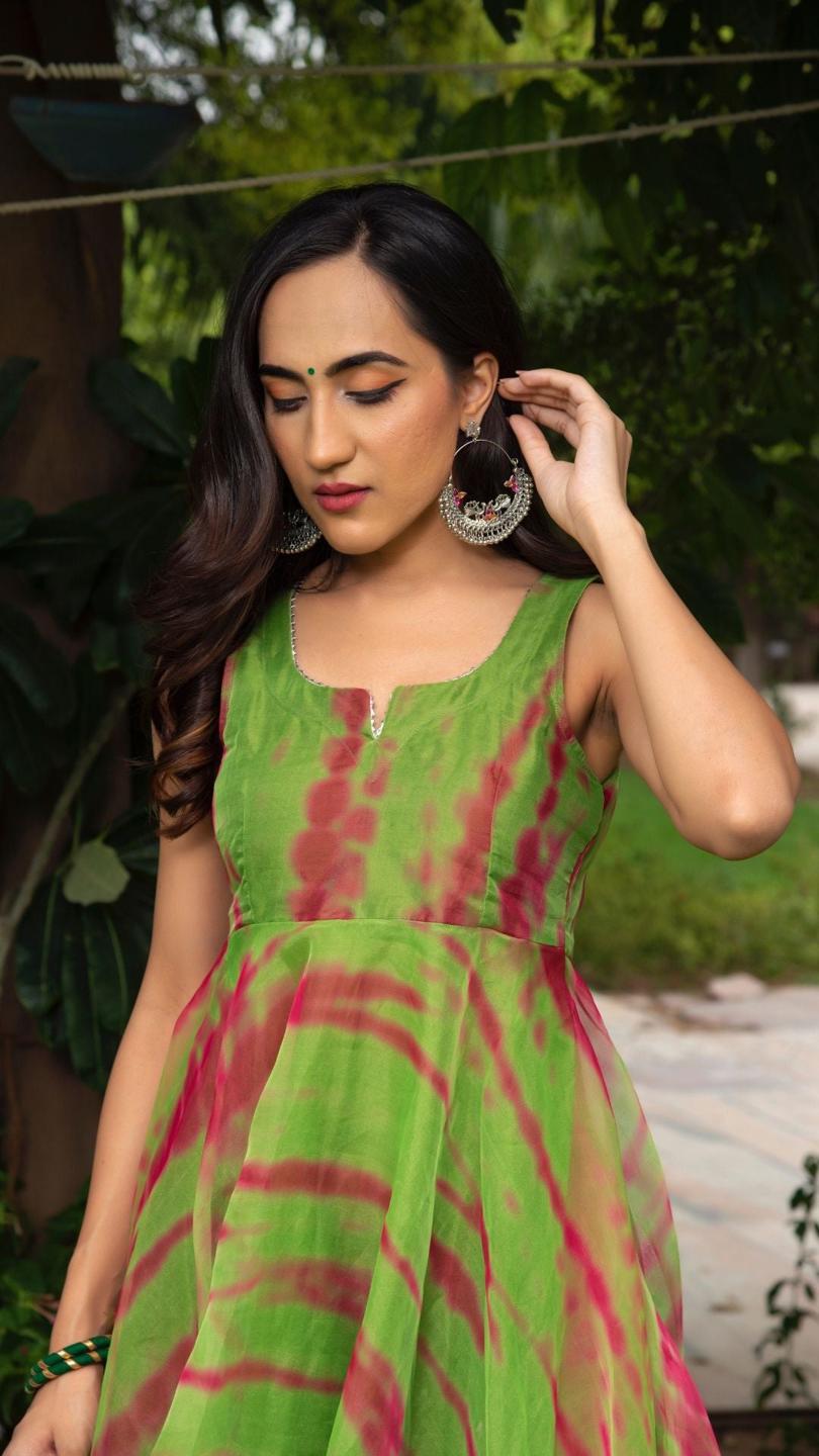 tie-and-dye-green-organza-anrkali-set-11403071GR, Women Indian Ethnic Clothing, Cotton Kurta Set Dupatta