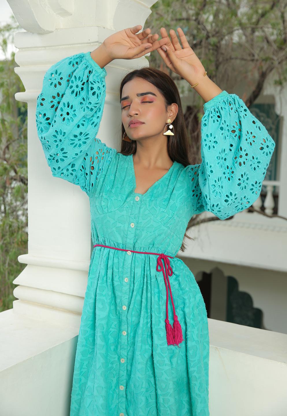 tropical-blue-schiffli-dress-with-hot-pink-braided-belt-11704058BL, Women Clothing, Cotton Dress