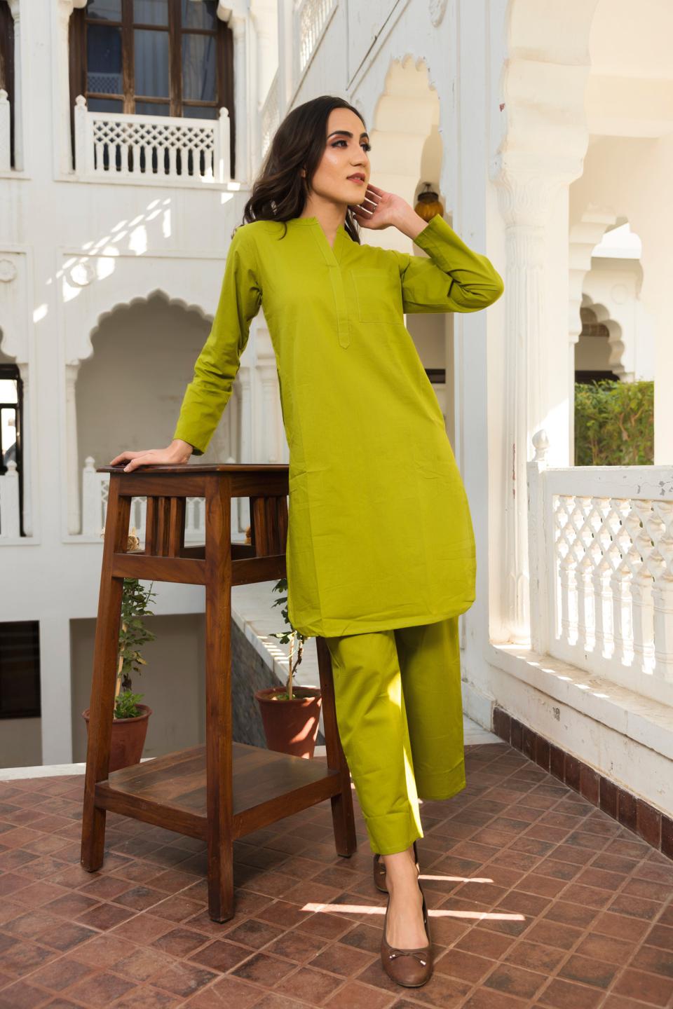 tulip-green-kurta-pant-set-11436063GR, Women Clothing, Cotton Sleep Set
