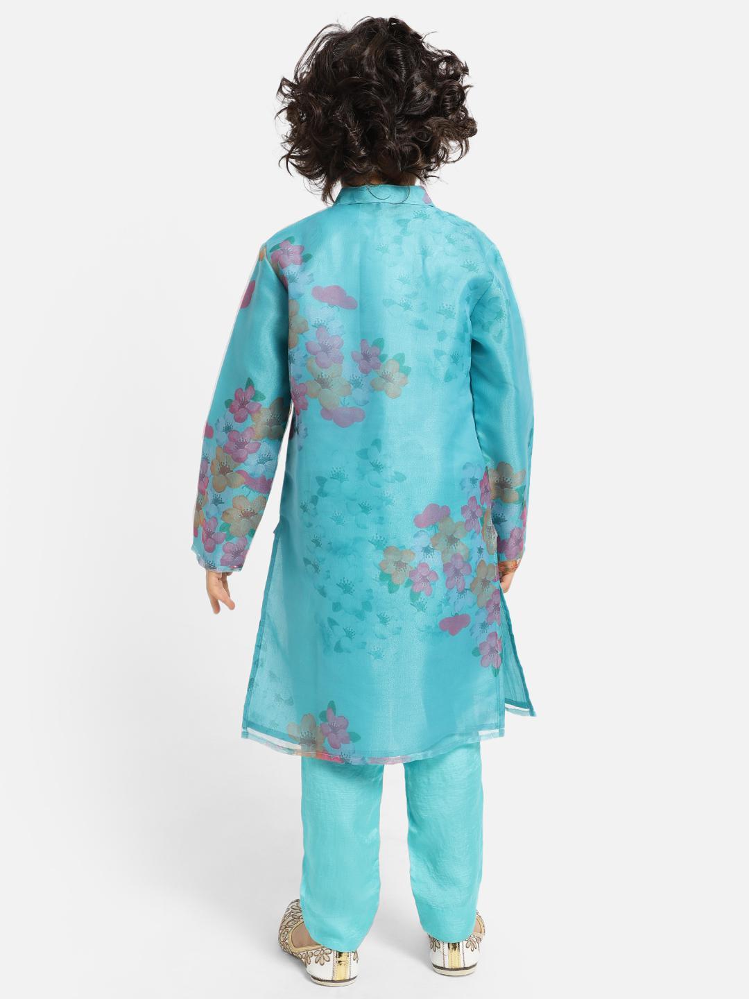 turquoise-green-full-sleeve-kurta-pajama-set-10520068GR, Indian Kids Clothing, Organza Boy Kurta Pajama Set