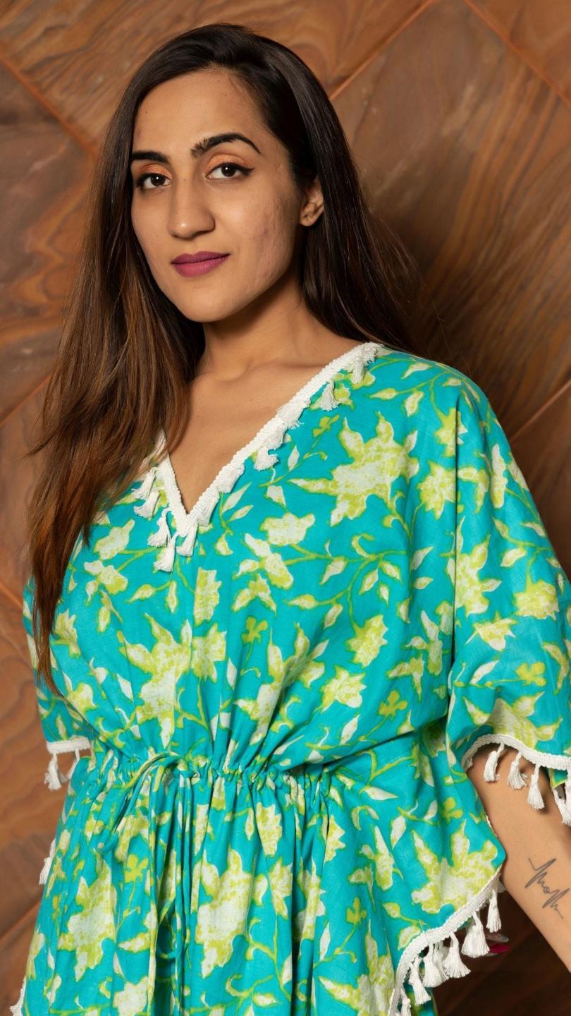 water-lily-hand-block-cotton-caftan-dress-11421074GR, Women Clothing, Cotton Caftan