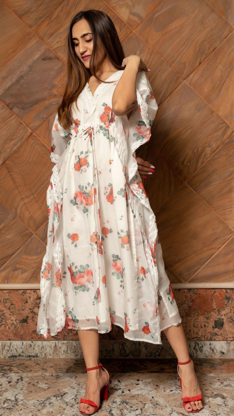white-and-red-organza-caftan-dress-11421075WH, Women Clothing, Organza Caftan