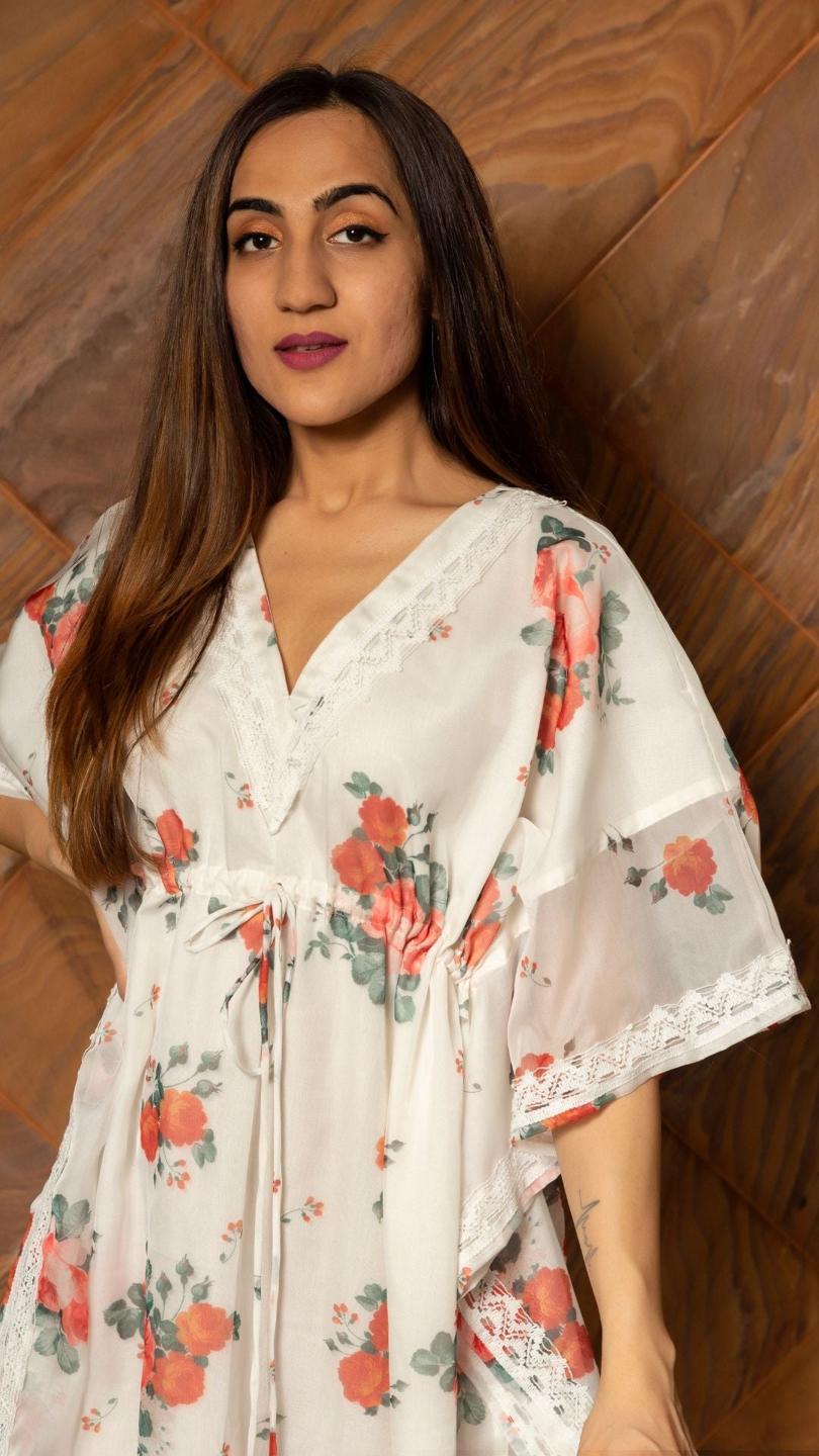 white-and-red-organza-caftan-dress-11421075WH, Women Clothing, Organza Caftan