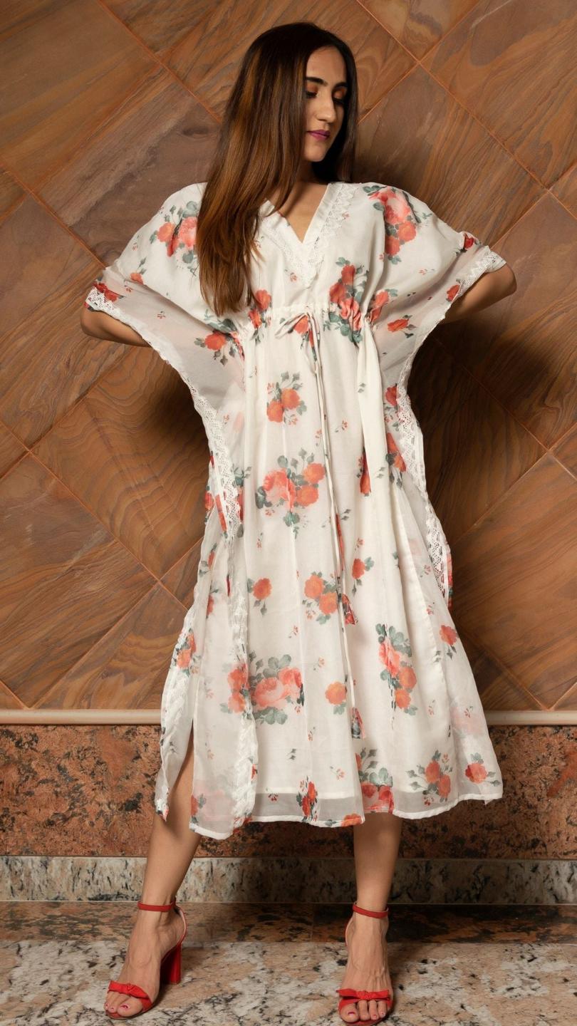 white-and-red-organza-caftan-dress-11421075WH, Women Clothing, Organza Caftan