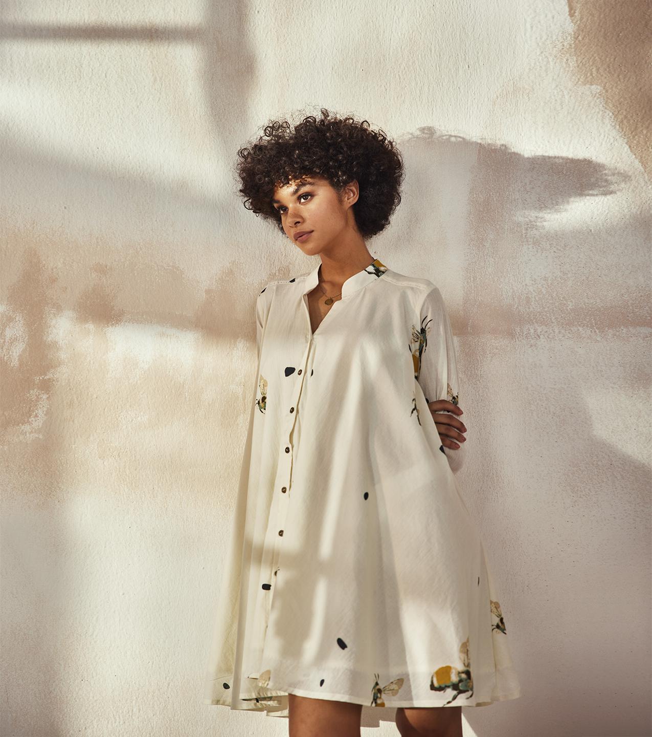 white-bee-printed-cotton-shirt-dress-11904060WH, Women Clothing, Cotton Dress